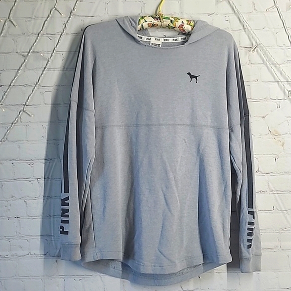 2014 Victoria's Secret PINK Logo Long Sleeve Gray Oversized Hooded Tee Womens XS - Picture 7 of 16